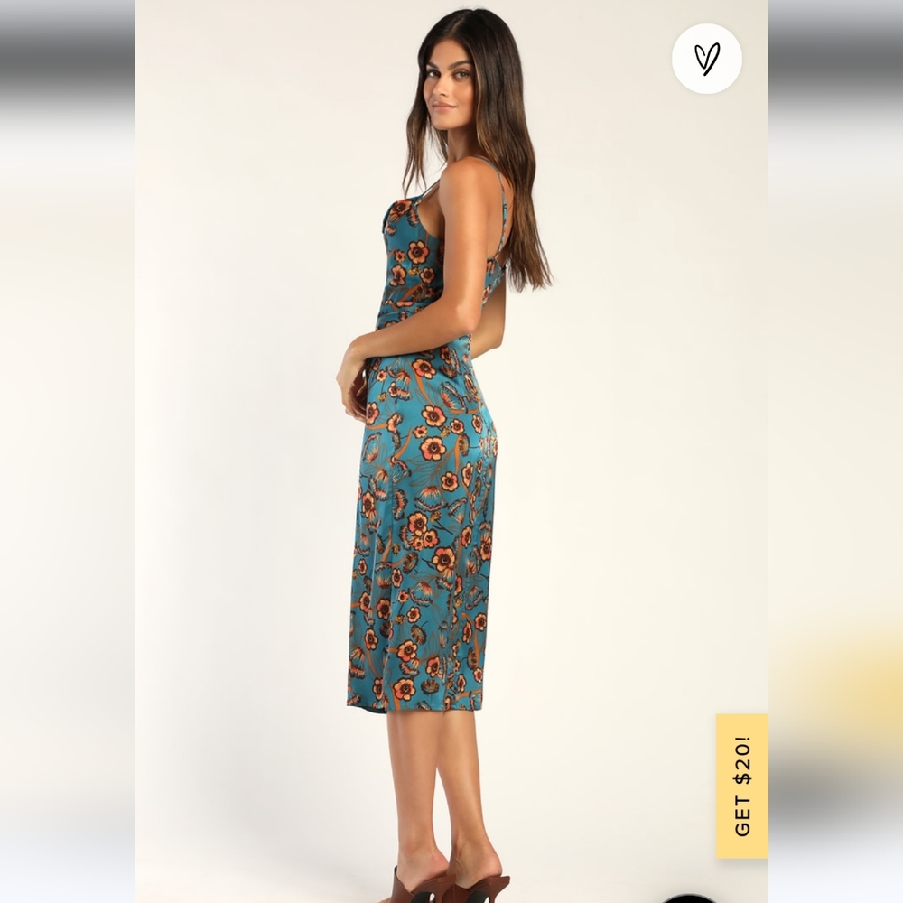 Lulus Hollywood Woman Teal Floral Print Satin Midi Dress - Picture 3 of 7